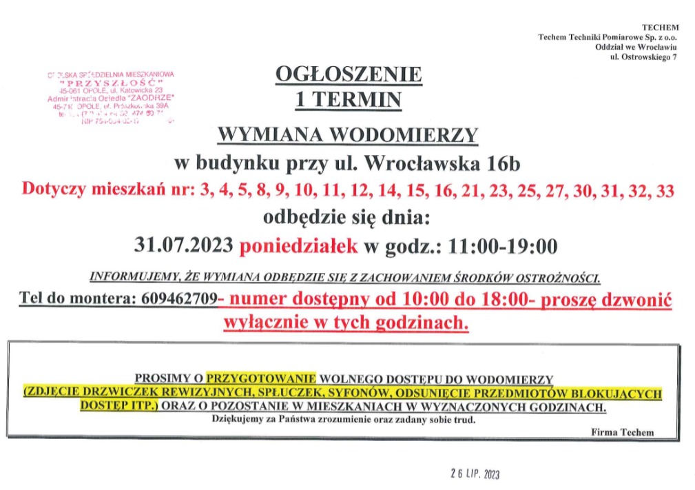 I termin wymiany wodomierzy - Wrocławska 16 A-D