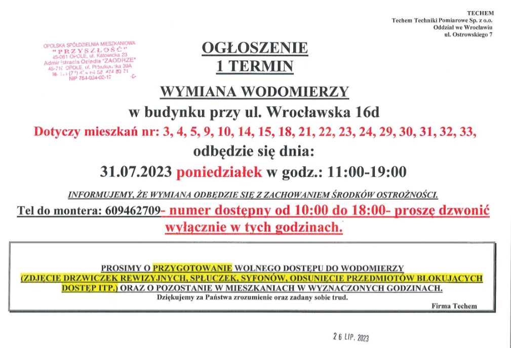 I termin wymiany wodomierzy - Wrocławska 16 A-D